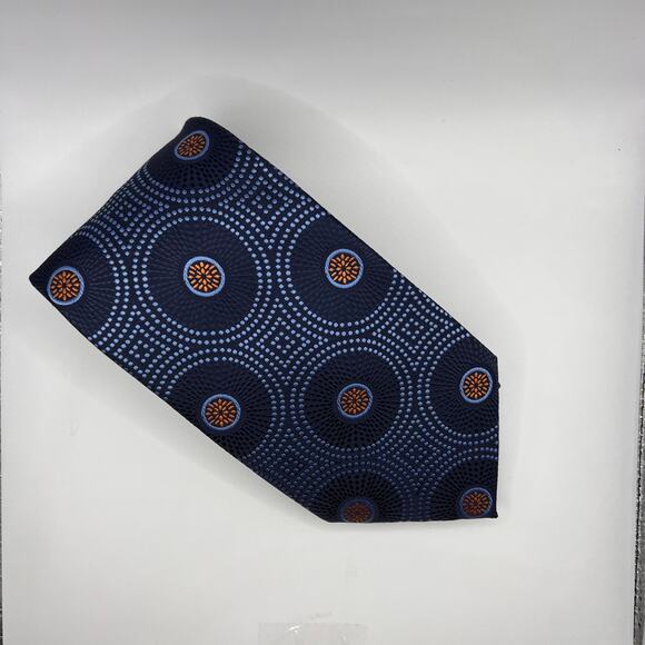 Aurizio -Mens Tie 64” Long- Blue Orange Geometric Floral Necktie - Polyester - Picture 2 of 5
